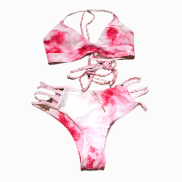 New Pink Tie Dyed Lace Up Bikini Sz: Medium - Picture 3 of 7